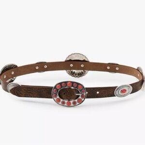 ZARA size 34 brown leather concho-style belt with metal & red stones NWT